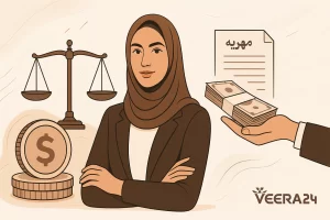 حقوق مالی زن در طلاق از طرف زن؛ تصویر زنی با مهریه، پول و ترازوی عدالت در پس‌زمینه