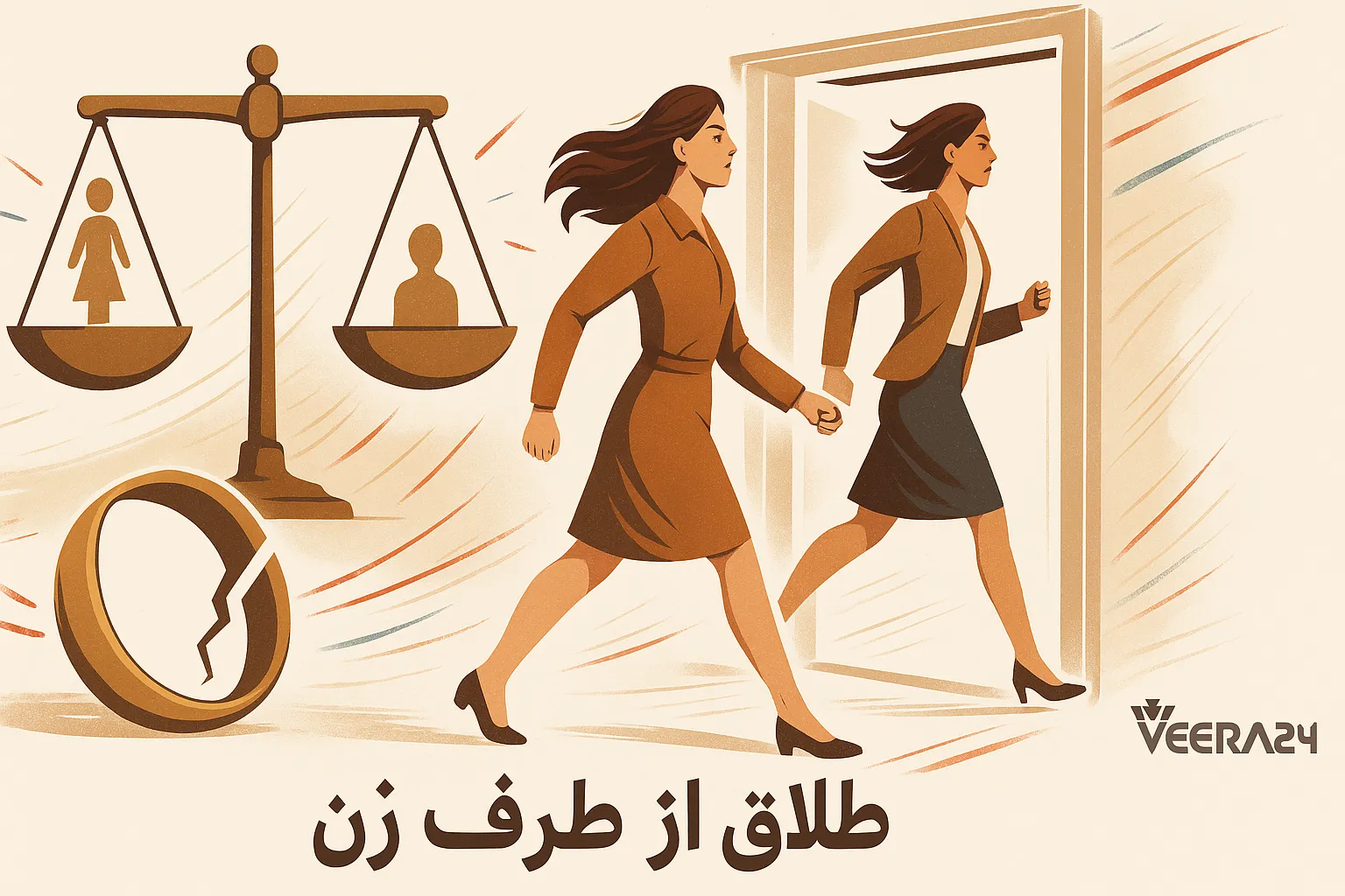 تصویر مفهومی طلاق از طرف زن؛ زن قوی در حال عبور از درب، ترازو و حلقه شکسته، نماد طلاق یک‌طرفه زنان در ایران